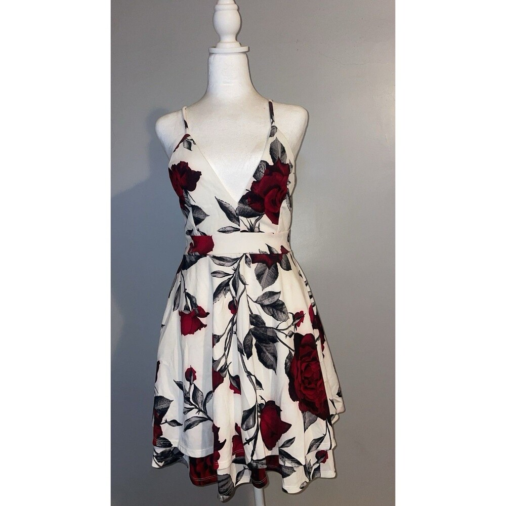 Iris White & Red Floral Mini Dress - Spaghetti Strap - Laced Back - Large